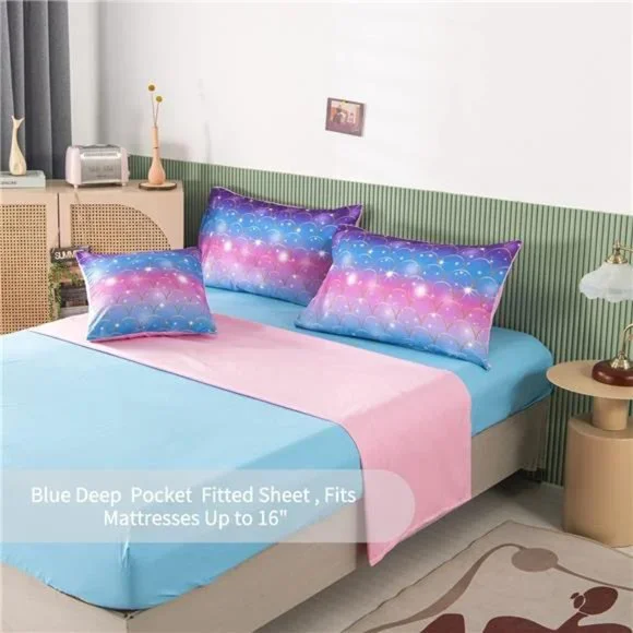 6Pcs Teal Pink Sparkle Mermaid Comforter Sets Twin Size,3D Rainbow
